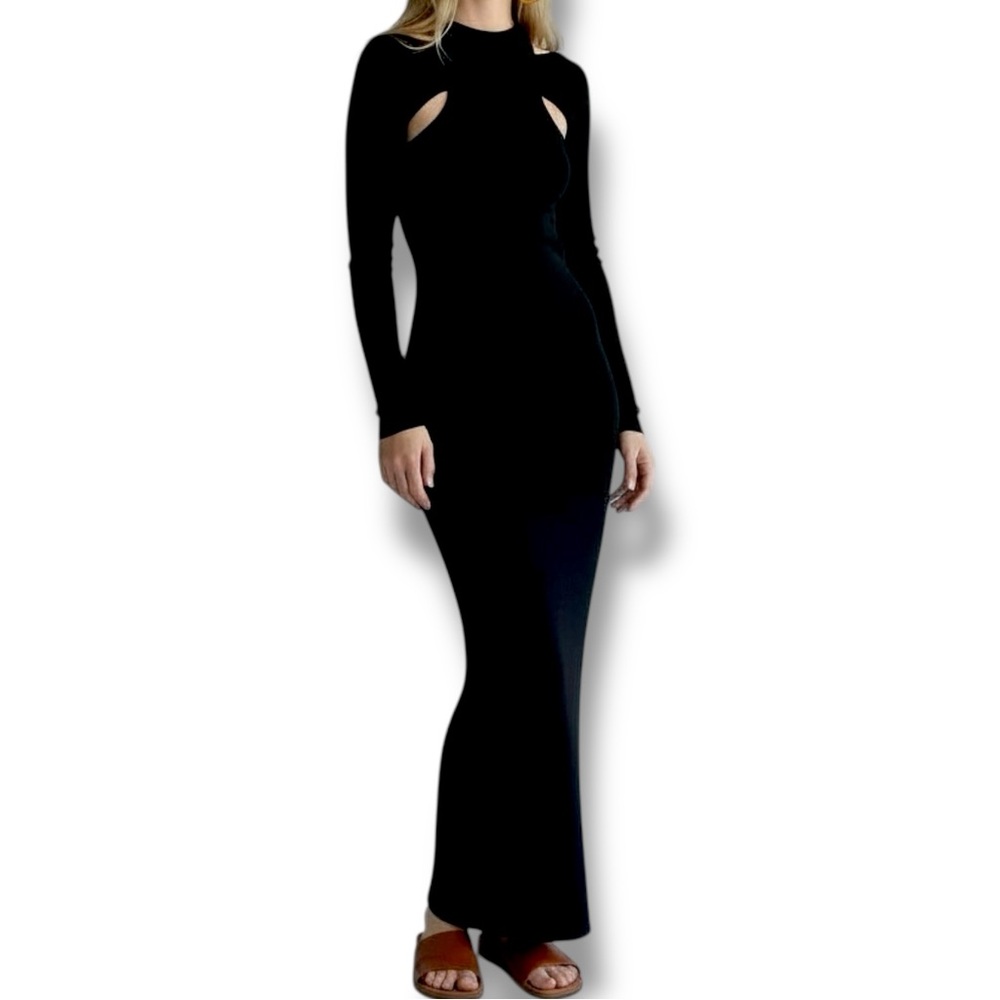 Topshop Black Ribbed Cutout High Neck Long Sleeve Stretch Midi Dress Size 12